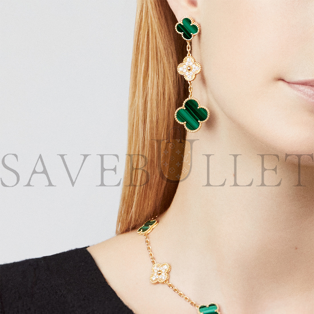 v*n cl*f  arpels magic alhambra earrings, 3 motifs - yellow gold, Di*m*nd, malachite  vcaro9ii00